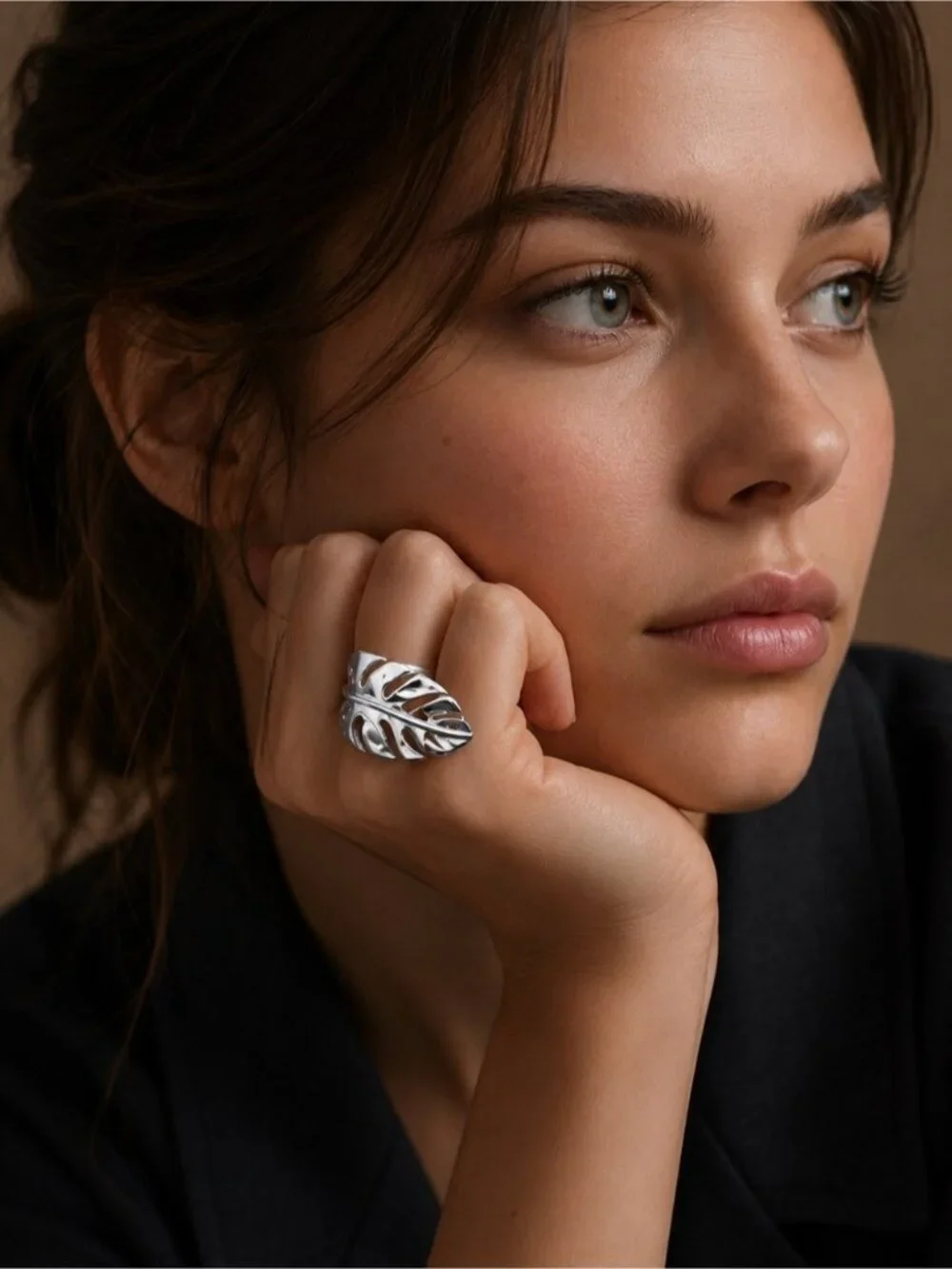 Silver tone Leaf Statement Ring